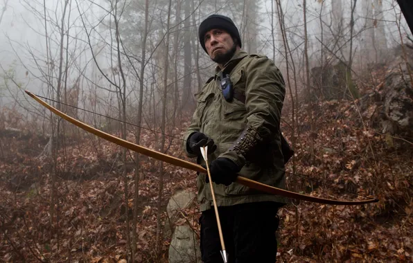 Picture autumn, forest, fog, hat, bow, gloves, arrow, beard