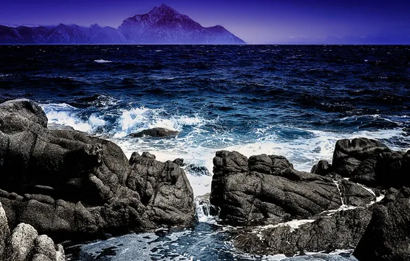 Picture sea, the sky, mountains, stones, rocks