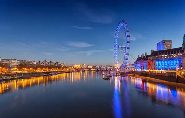 Picture the city, river, Ferris wheel, on the south bank opposite Westminster, The London Eye, Millennium …