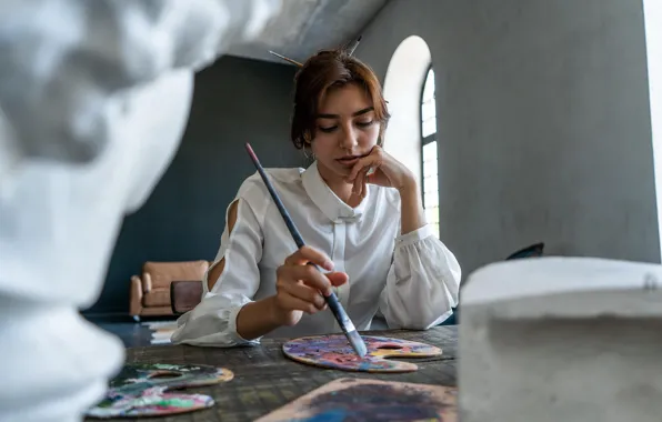 Girl, paint, watercolor, brush, artist, thinks