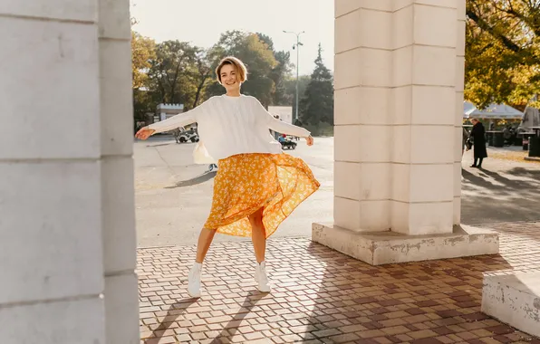 Girl, woman, young, street, skirt, sneakers