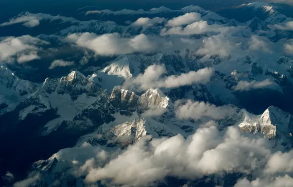 Clouds, mountains, tops, view, height, mountain range, snow