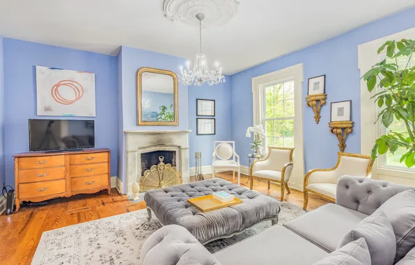 Sofa, pillow, chairs, chandelier, fireplace, chest, living room, plasma
