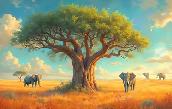 Field, clouds, tree, branch, elephant, baobab, Savannah, Africa