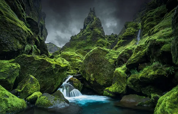 Clouds, rock, mountain, moss, rock, Ireland, clouds, mountain