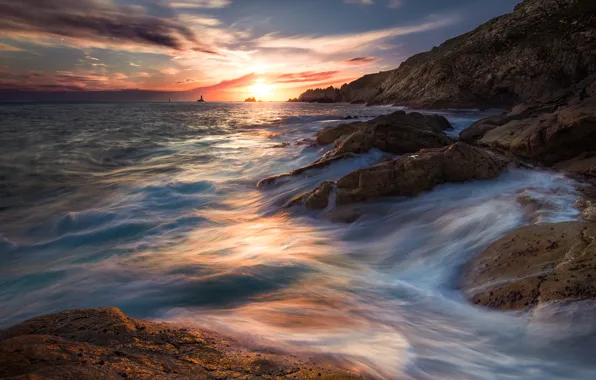 Sea, wave, beach, the sky, the sun, clouds, light, landscape