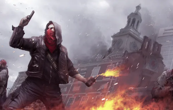 The city, gun, machine, soldiers, ruins, a Molotov cocktail, the uprising, Homefront: The Revolution