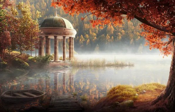 Boat, gazebo with columns, Pushkin, Leningrad oblast, Pavlovsk Park, Eduard Gordeev, mist over the lake
