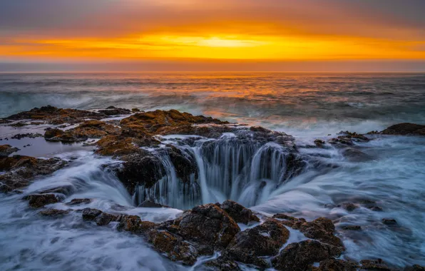 Sea, sunset, shore, waterfall, the evening, funnel