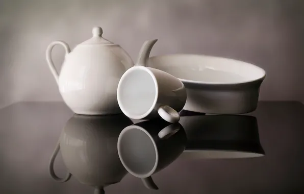 Reflection, kettle, Cup, dishes, still life