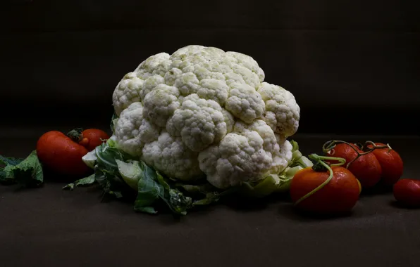 The dark background, fabric, still life, vegetables, tomatoes, color, cabbage