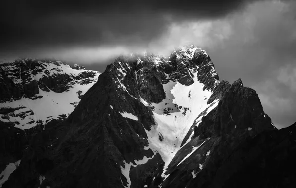 Winter, the sky, snow, mountains, clouds, nature, rocks, black and white
