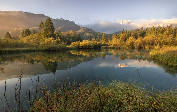 Picture autumn, grass, clouds, landscape, mountains, nature, forest, pond