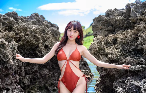 Swimsuit, look, nature, sexy, pose, river, stones, model