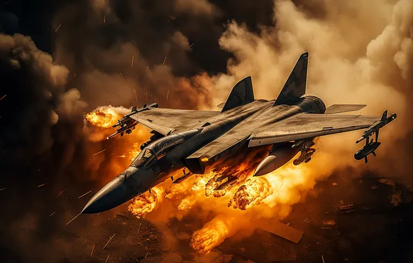 The plane, Smoke, Fire, Flight, Fighter, The explosion, Digital art, AI art