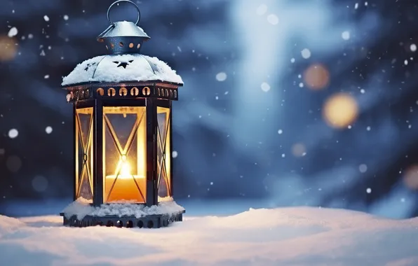 Winter, snow, night, Christmas, lantern, New year, Christmas, night