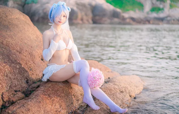 Underwear, legs, Asian, a bouquet of flowers, legs, blue hair, boulders, cosplay
