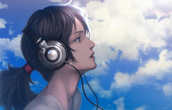 The sky, girl, music, headphones, profile, art, amagi