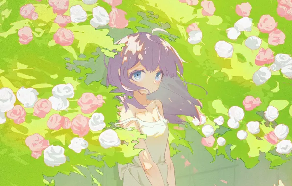 Girl, blue eyes, purple hair, white sundress, rose bushes, by Hano