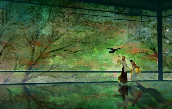 Trees, bird, garden, guys, The Blade Cleaves Demons, Kyojuro Rengoku, Tanjirou Kamado, Yukinoneko