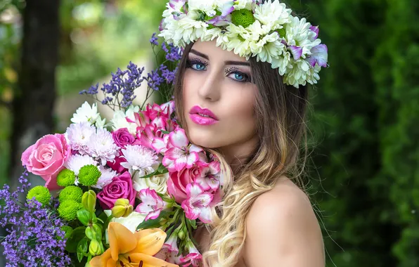 Girl, flowers, face, eyelashes, portrait, bouquet, makeup, blonde