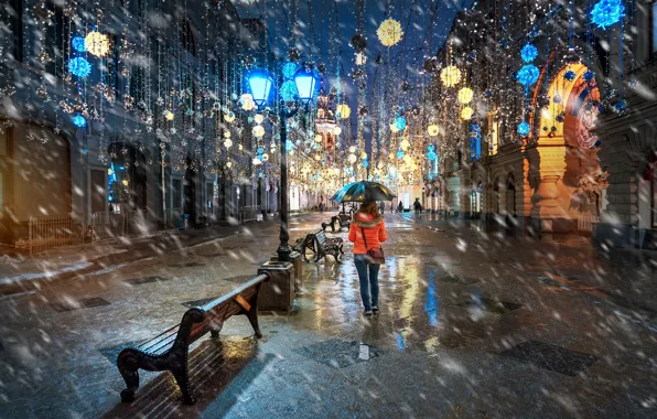 Picture girl, snow, street, building, home, lights, Moscow, Russia