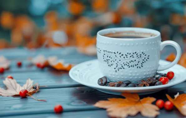 Autumn, berries, table, Board, coffee, mug, Cup, white