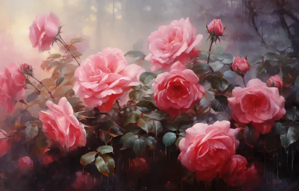 Picture flowers, roses, pink, AI art, neural network