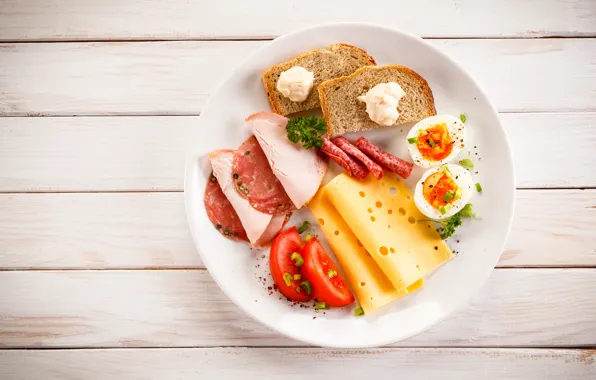 Cheese, Eggs, Plate, Tomatoes, Breakfast, Sausage, Ham, Bread