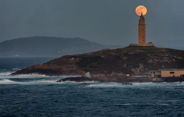 Picture lighthouse, The moon, moon, lighthouse, Jose Liñeira Pine