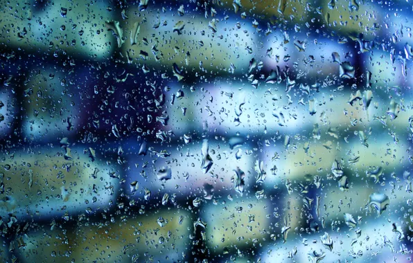 Picture glass, drops, macro, wall, blur, bricks