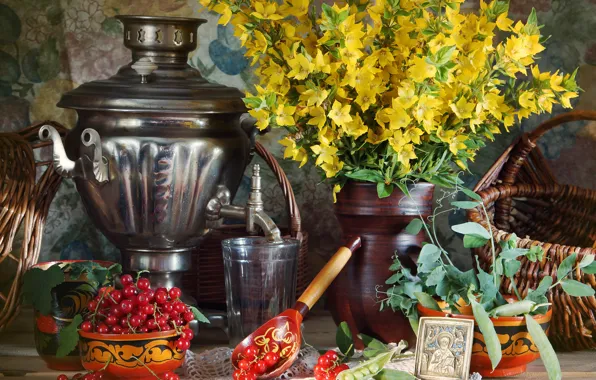 Flowers, table, berry, peas, spoon, Cup, vase, glasses