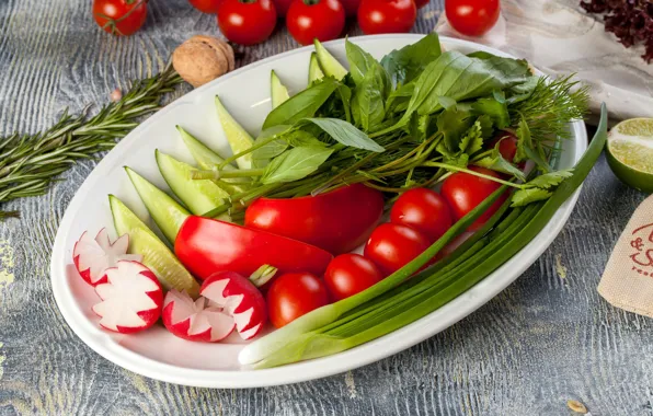 Greens, cucumber, bow, pepper, vegetables, tomato, rosemary, cuts