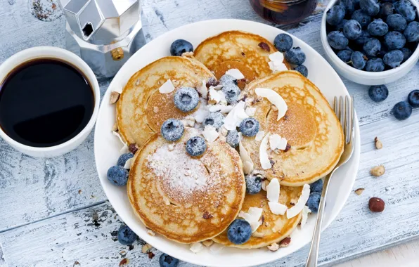 Picture coffee, Breakfast, blueberries, pancakes, pancake