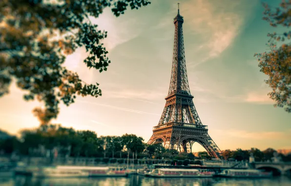 Paris, Eiffel, the city. river, tower. sunset
