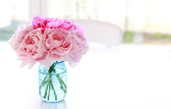 Picture white, flowers, table, background, chair, Bank, vase, pink