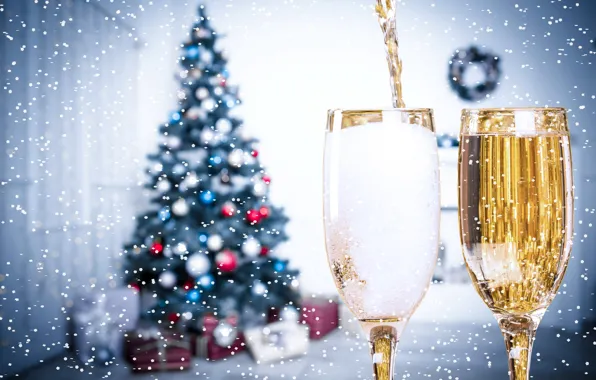 Snow, Glasses, New Year, Tree, tree, glasses, Holidays, Champagne