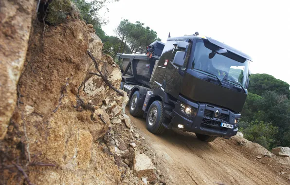 Picture road, vegetation, Renault, body, dump truck, four-axle, Renault Trucks, K-series