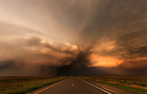 Road, sunset, clouds, storm, Colorado, USA