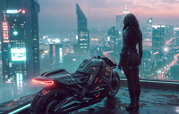 Twilight, rain, motorcycle, neon, cyberpunk, women, cityscape, futuristic