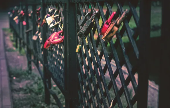 Love, bridge, loyalty, heart, fence, keys, locks