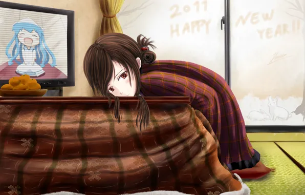 Picture winter, girl, pose, table, TV, sitting, art, glass door