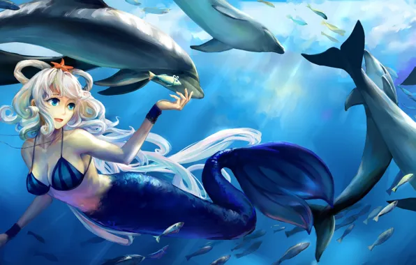 Girl, fish, the ocean, star, mermaid, bear, art, dolphins