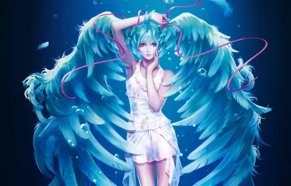 Picture girl, wings, feathers, art, tape, vocaloid, hatsune miku, Vocaloid