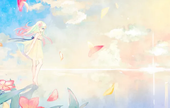 The sky, water, girl, the sun, clouds, flowers, anime, petals