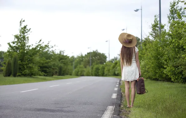 Road, girl, mood, suitcase