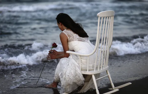 Picture sea, girl, rose, chair