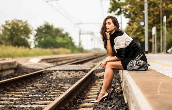 Girl, Legs, Beautiful, Brunette, Model, Railway, View, Heels