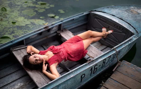 Girl, nature, water, lake, model, brunette, boat, red dress