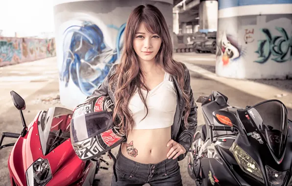 Girl, motorcycle, helmet